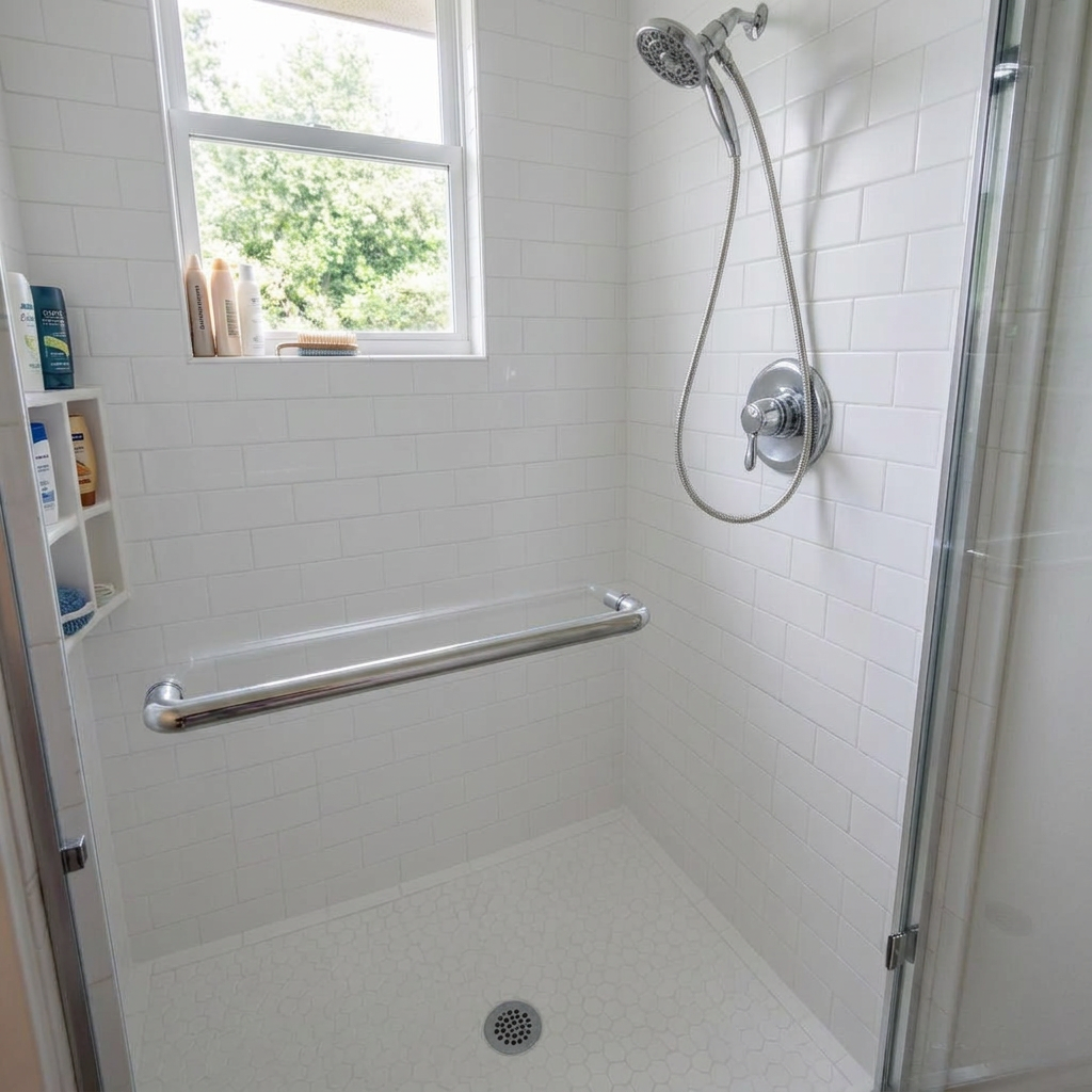 Spotless clean bathroom tiles after using the scrubber
